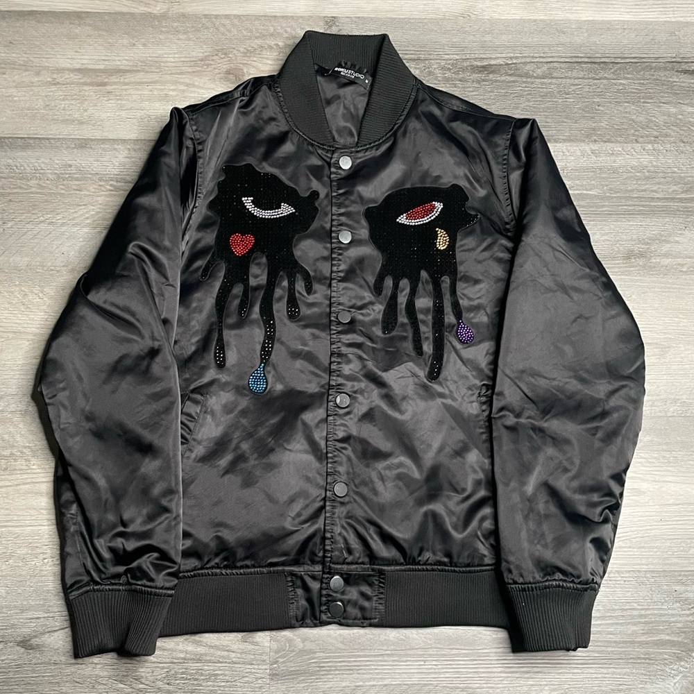 ROKUSTUDIO Men's Black Satin Bomber Jacket Snap-Front “Tear Drip” US M